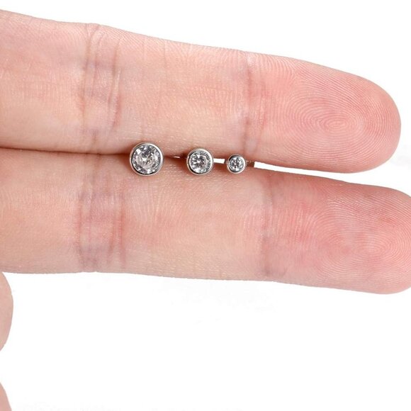 Sterling Silver Stud Earrings for Women Men- 3 Pairs of Tiny Round Cubic Zirconi - Picture 7 of 9